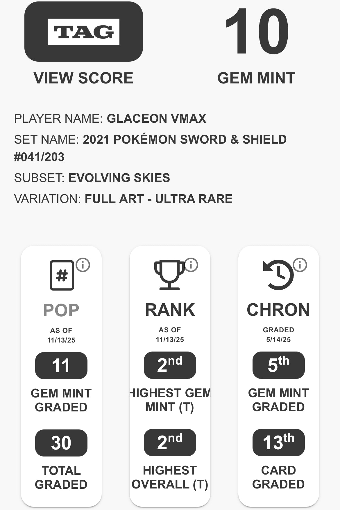 TAG 10 : GLACEON VMAX : 2021 POKÉMON SWORD & SHIELD : #041/203 : EVOLVING SKIES : FULL ART - ULTRA RARE