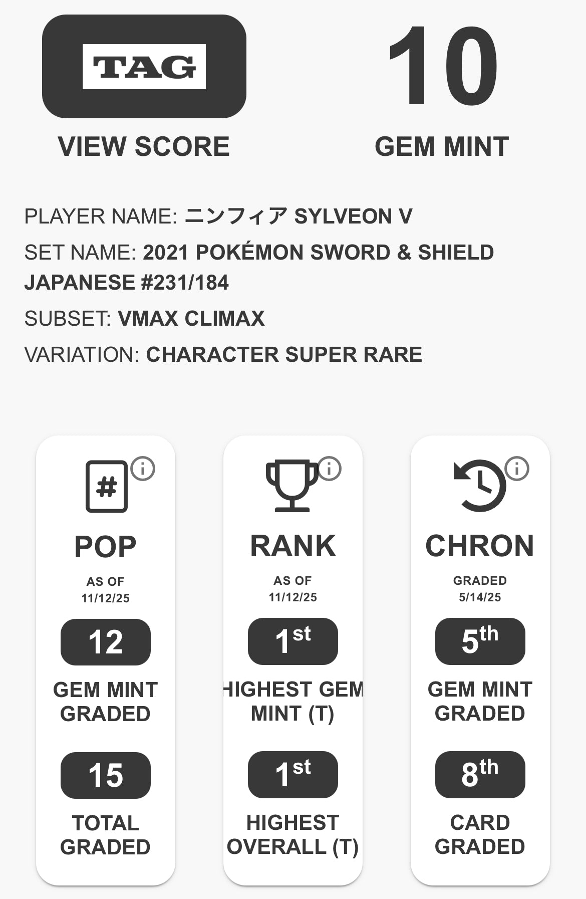 TAG 10 : SYLVEON V ニンフィア : 2021 POKÉMON SWORD & SHIELD JAPANESE : #231/184 : VMAX CLIMAX : CHARACTER SUPER RARE