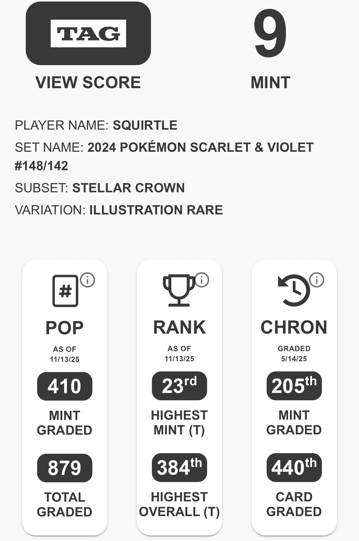 TAG 9 : SQUIRTLE : 2024 POKÉMON SCARLET & VIOLET : #148/142 : STELLAR CROWN : ILLUSTRATION RARE