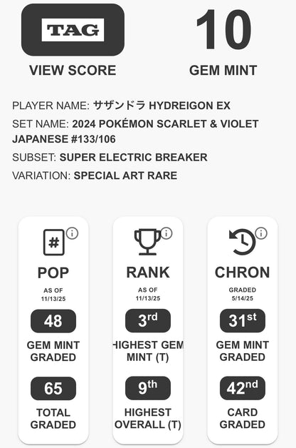 TAG 10 : HYDREIGON EX サザンドラ : 2024 POKÉMON SCARLET & VIOLET JAPANESE : #133/106 : SUPER ELECTRIC BREAKER : SPECIAL ART RARE