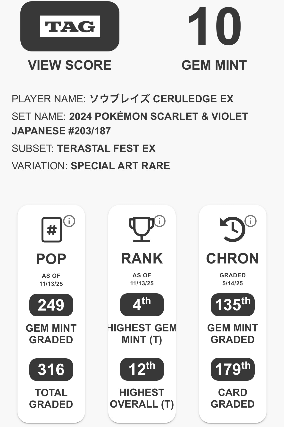 TAG 10 : CERULEDGE EX ソウブレイズ : 2024 POKÉMON SCARLET & VIOLET JAPANESE : #203/187 : TERASTAL FEST EX : SPECIAL ART RARE