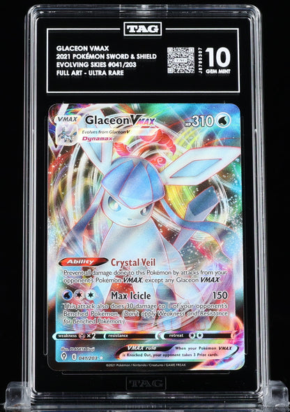 TAG 10 : GLACEON VMAX : 2021 POKÉMON SWORD & SHIELD : #041/203 : EVOLVING SKIES : FULL ART - ULTRA RARE