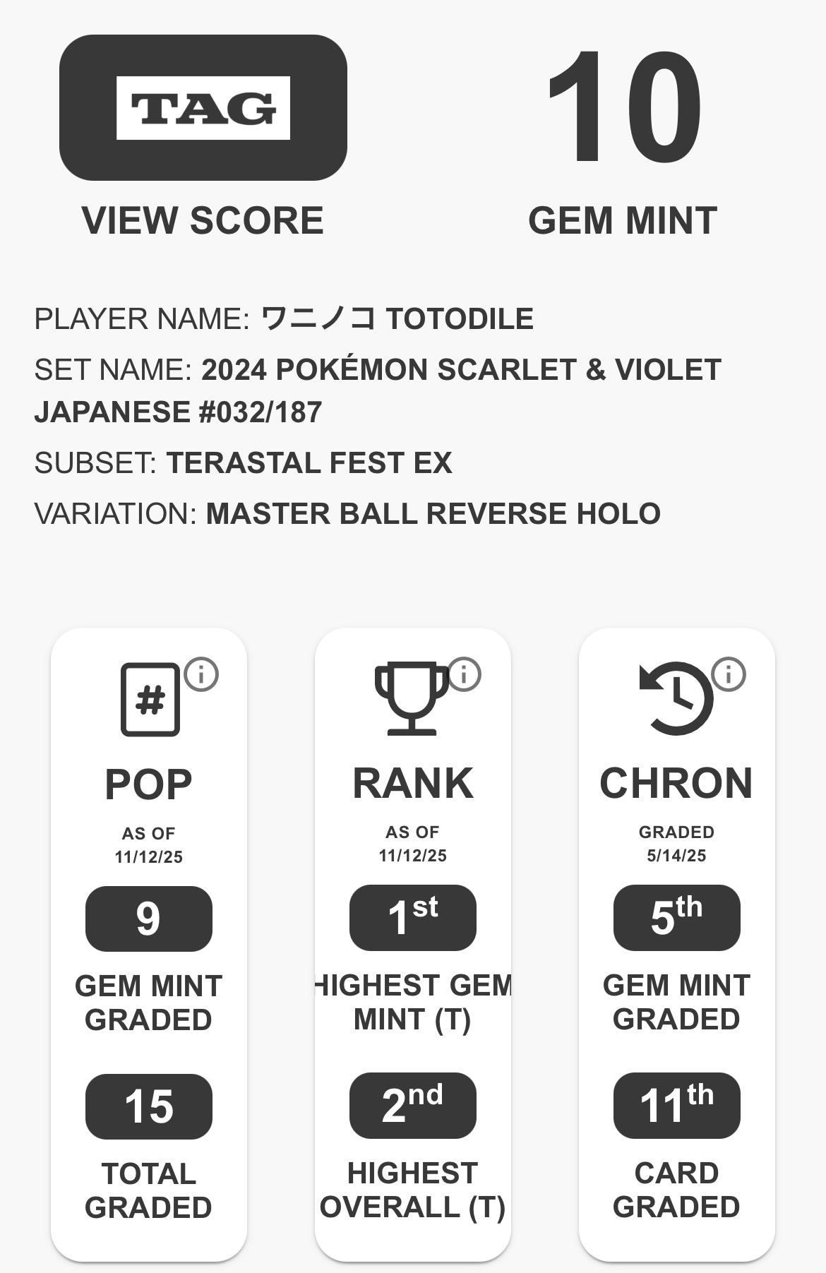 TAG 10 : TOTODILE ワニノコ : 2024 POKÉMON SCARLET & VIOLET JAPANESE : #032/187 : TERASTAL FEST EX : MASTER BALL REVERSE HOLO