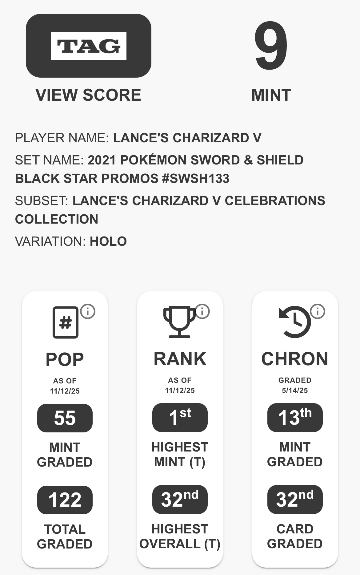 TAG 9 : LANCE'S CHARIZARD V : 2021 POKÉMON SWORD & SHIELD BLACK STAR PROMOS : #SWSH133 : CELEBRATIONS COLLECTION : HOLO