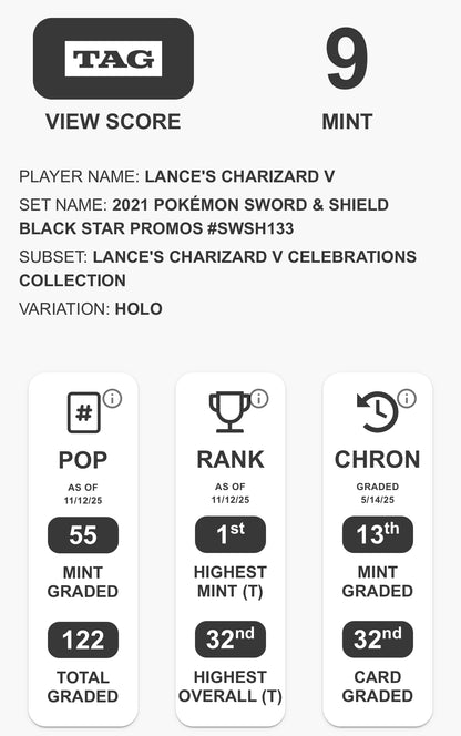 TAG 9 : LANCE'S CHARIZARD V : 2021 POKÉMON SWORD & SHIELD BLACK STAR PROMOS : #SWSH133 : CELEBRATIONS COLLECTION : HOLO