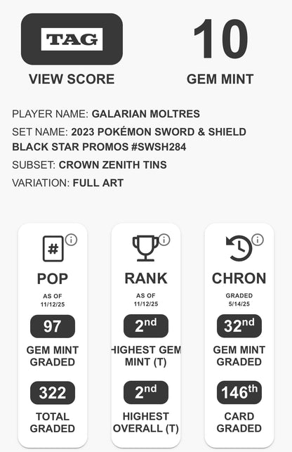 TAG 10 : GALARIAN MOLTRES : 2023 POKÉMON SWORD & SHIELD BLACK STAR PROMOS : #SWSH284 : CROWN ZENITH TINS : FULL ART