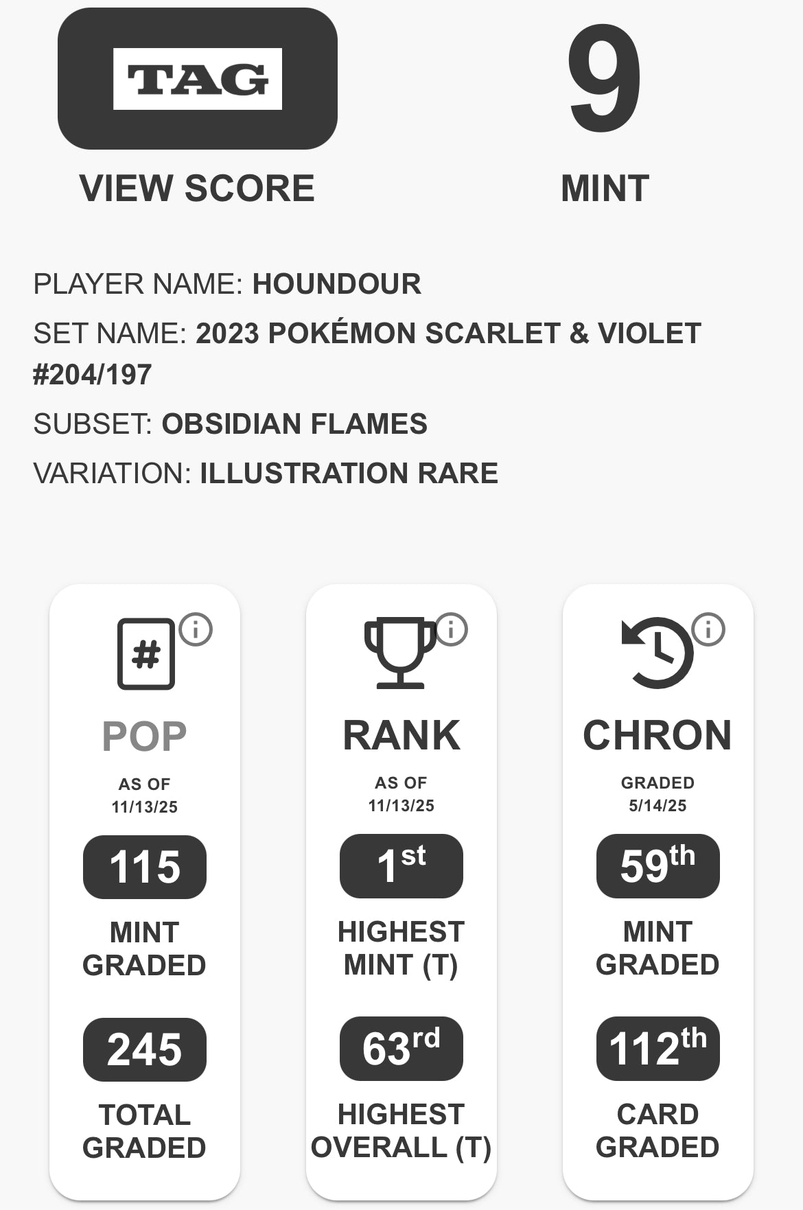 TAG 9 : HOUNDOUR : 2023 POKÉMON SCARLET & VIOLET : #204/197 : OBSIDIAN FLAMES : ILLUSTRATION RARE