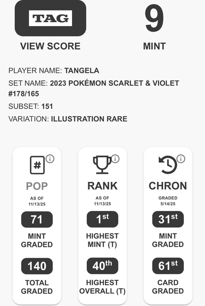 TAG 9 : TANGELA : 2023 POKÉMON SCARLET & VIOLET : #178/165 : 151 : ILLUSTRATION RARE