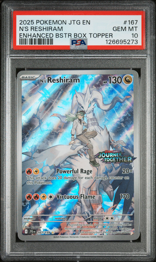 PSA 10 : 2025 POKEMON JTG EN-JOURNEY TOGETHER #167 N'S RESHIRAM ENHANCED BSTR BOX TOPPER