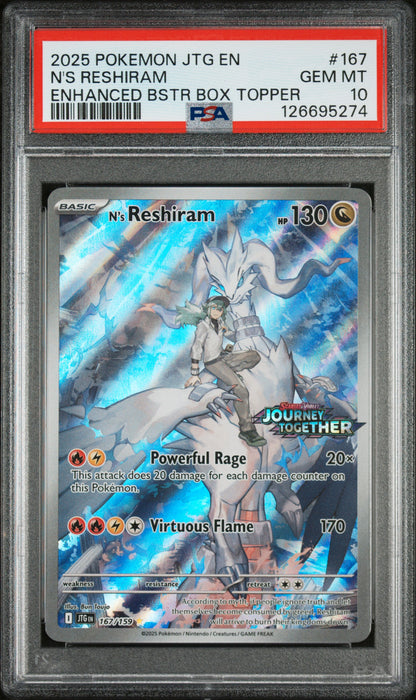 PSA 10 : 2025 POKEMON JTG EN-JOURNEY TOGETHER #167 N'S RESHIRAM ENHANCED BSTR BOX TOPPER